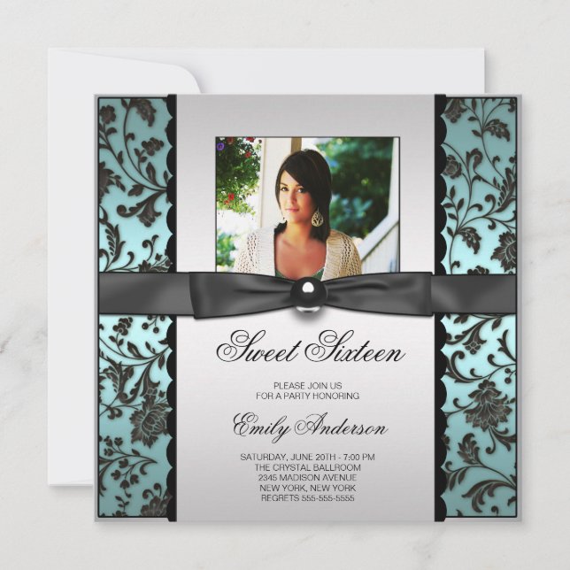 Teal Blue Black Damask Photo Sweet 16 Party Inbjudningar (Framsida)