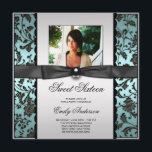 Teal Blue Black Damask Photo Sweet 16 Party Inbjudningar<br><div class="desc">Elegant svart och teal blue Damask-fotomall för sweet sixteen födelsedagsfest inbjudan. Den här söt tealblått och svart dämparen sweet sixteen födelsedagsfest inbjudan är lätt att anpassa för din händelse genom att helt enkelt välja knappen "Anpassa den!" för att börja lägga till din bild- och händelseinformation, typsnittet stil, typsnittet storlek &...</div>