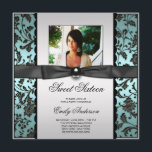 Teal Blue Black Damask Photo Sweet 16 Party Inbjudningar<br><div class="desc">Elegant svart och teal blue Damask-fotomall för sweet sixteen födelsedagsfest inbjudan. Den här söt tealblått och svart dämparen sweet sixteen födelsedagsfest inbjudan är lätt att anpassa för din händelse genom att helt enkelt välja knappen "Anpassa den!" för att börja lägga till din bild- och händelseinformation, typsnittet stil, typsnittet storlek &...</div>