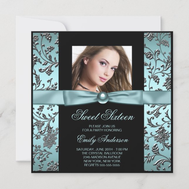 Teal Blue Black Damask Photo Sweet 16 Party Inbjudningar (Framsida)