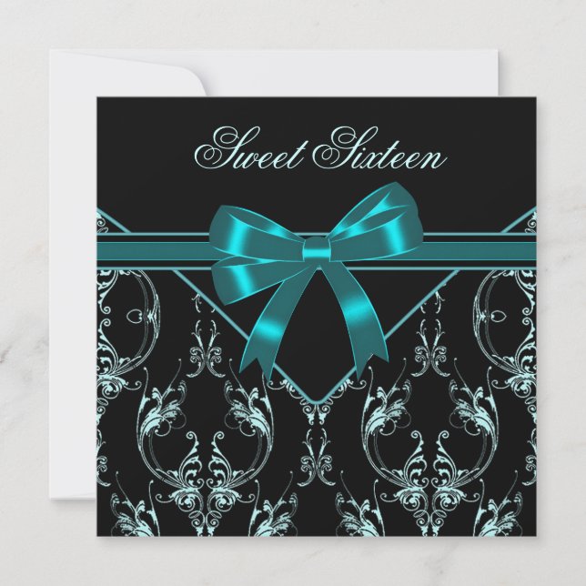 Teal Blue Black Damask Sweet 16 Party Inbjudningar (Framsida)