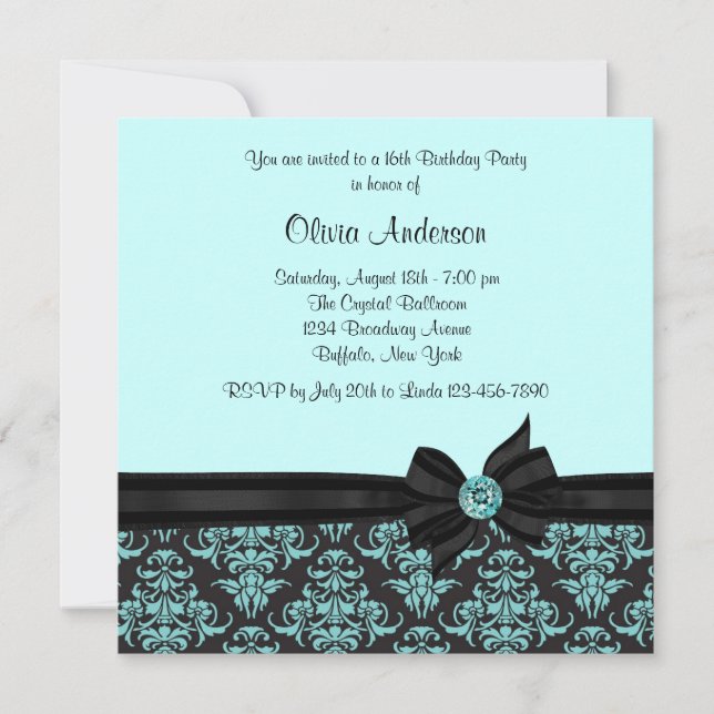 Teal Blue Black Damask Sweet 16 Party Inbjudningar (Framsida)