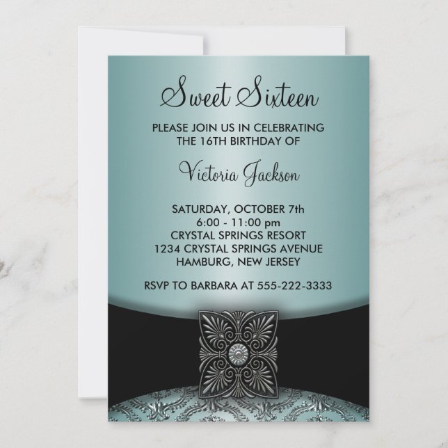 Teal Blue Black Damask Sweet sixteen Party Inbjudningar (Framsida)