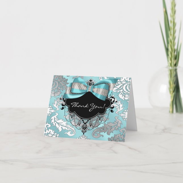 Teal Blue Black Damask - tackkort (Framsida)