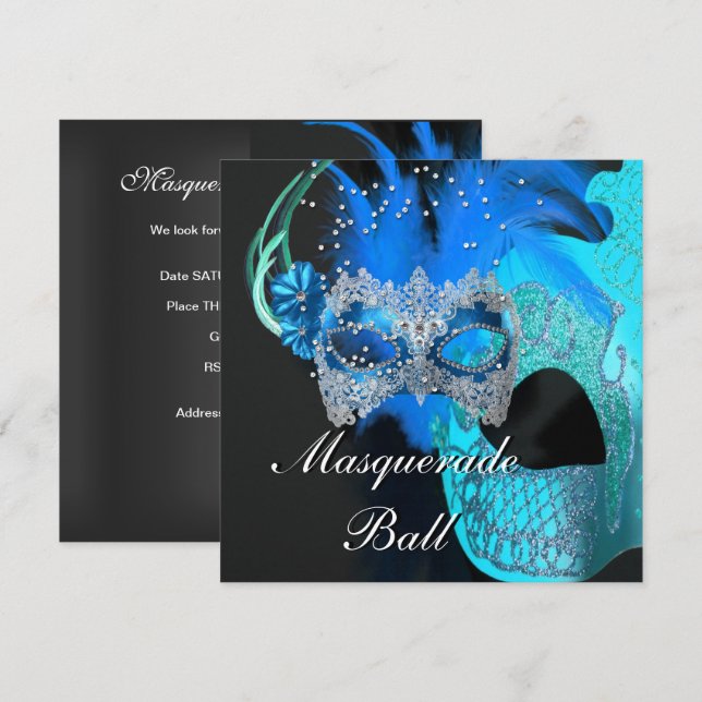 Teal Blue Black Mask Masquerad Boll Party Inbjudningar (Fram/baksida)