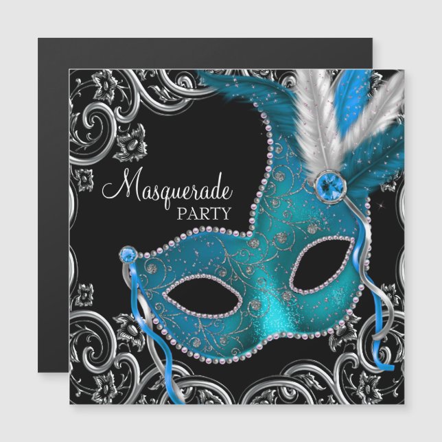 Teal Blue Black MasqueraParty Magnetisk Inbjudningskort (Fram/baksida)