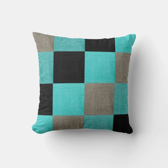 Teal Blue, Black och Grått Square Mönster Kudde (Framsida)