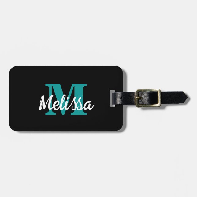 Teal Blue Black White Custom Name Färg Monogram Bagagebricka (Horisontell Framsida)