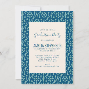Teal Blue Boho Blommigt Art Teckning Studentfest Inbjudningar