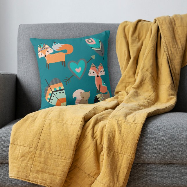 Teal Blue Boho Tribal Fox Kudde (Skapare uppladdad)