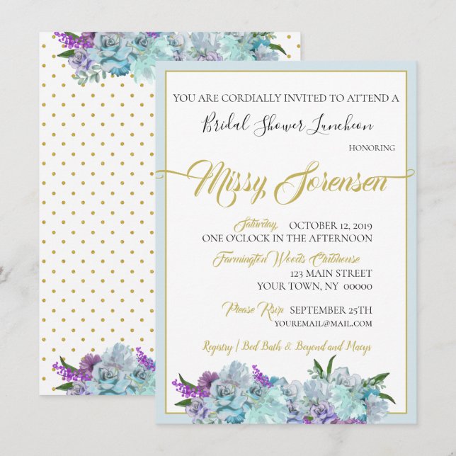 Teal Blue Bouquet Bröllop Suite Shower Party Inbjudningar (Fram/baksida)