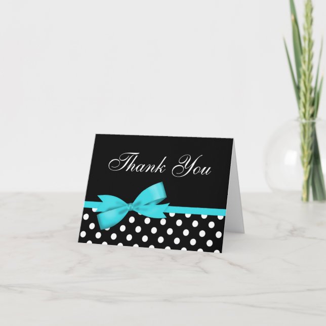 Teal Blue Bow Black Polka dots Tack Kort (Framsida)