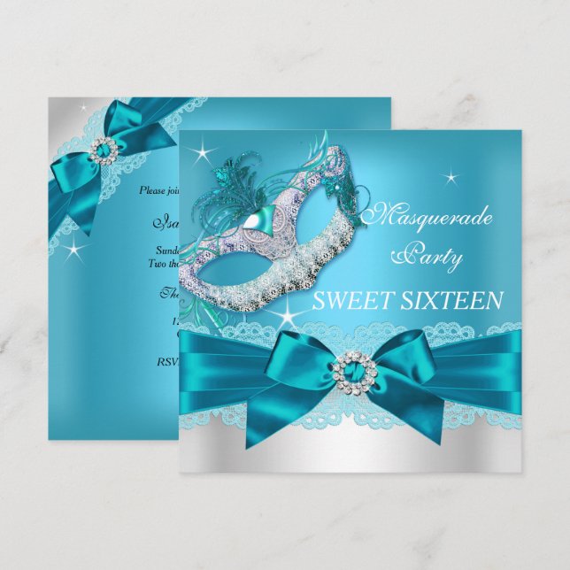 Teal Blue Bow MasqueraSweet sixteen Inbjudan (Fram/baksida)