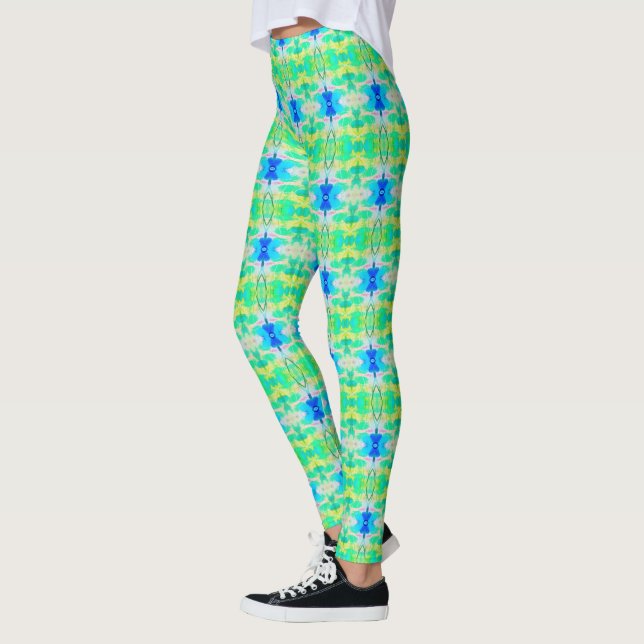 Teal Blue Bright Patterned Dam Leggings (Vänster)