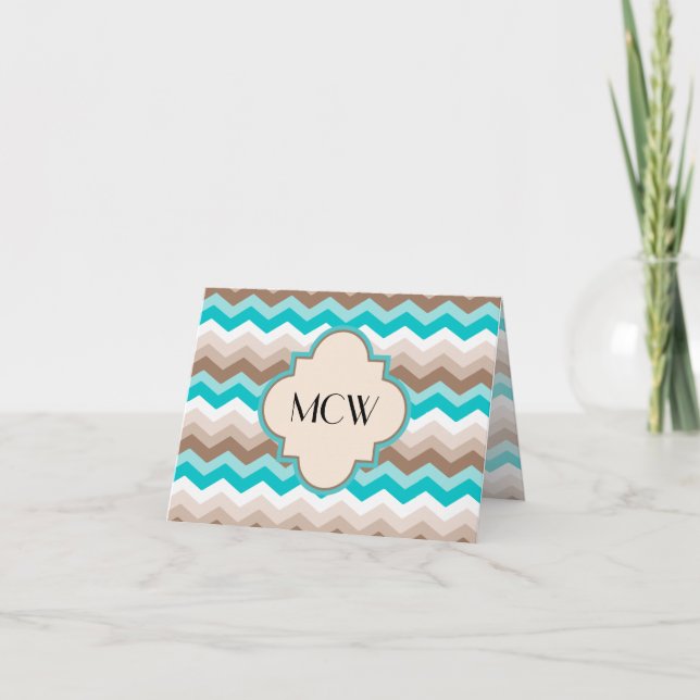 Teal Blue Brown Chevron Modern Monogram Anteckningskort (Framsida)