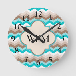 Teal Blue Brown Chevron Modern Monogram Rund Klocka