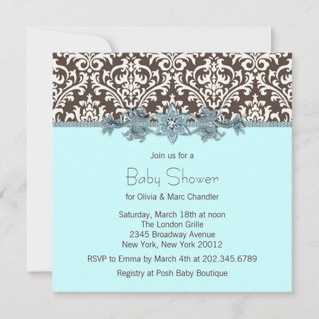 Teal Blue Brown Damask Baby Shower Inbjudningar (Framsida)