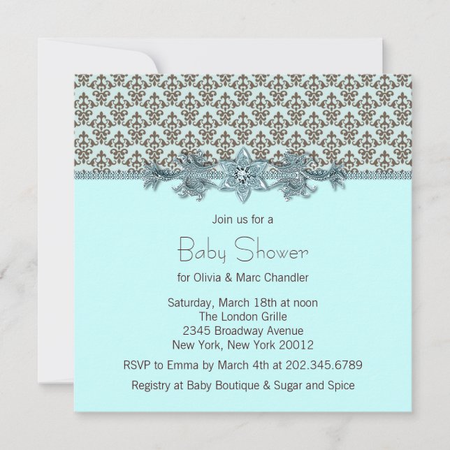 Teal Blue Brown Damask Baby Shower Inbjudningar (Framsida)