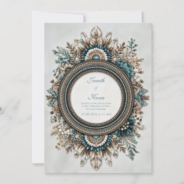 Teal Blue Brown Feather Floral Rustic Wedding Inbjudningar (Framsida)