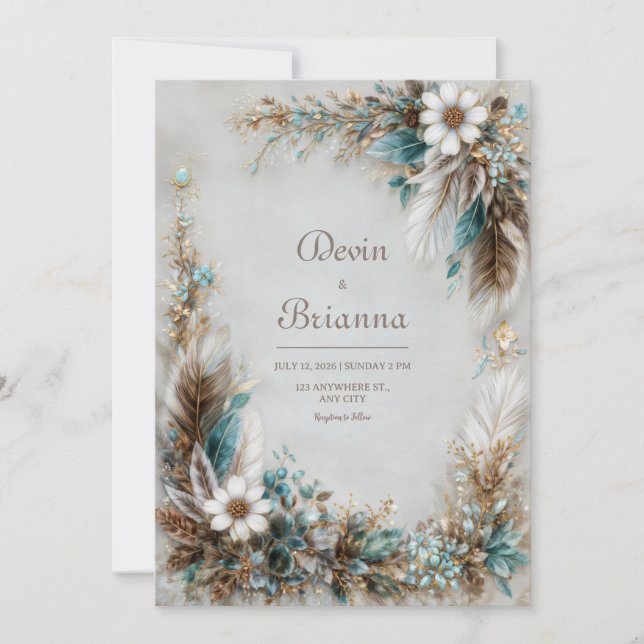 Teal Blue Brown Feather White Floral Wedding Inbjudningar (Framsida)