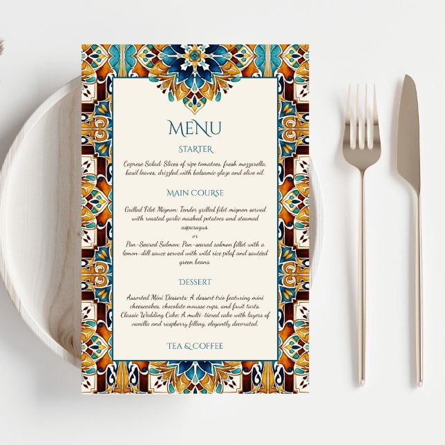 Teal Blue-brunfärgade vintage talavera-menykort (Teal Blue brown vintage talavera Mexican Spanish wedding menu cards template personalized decor)