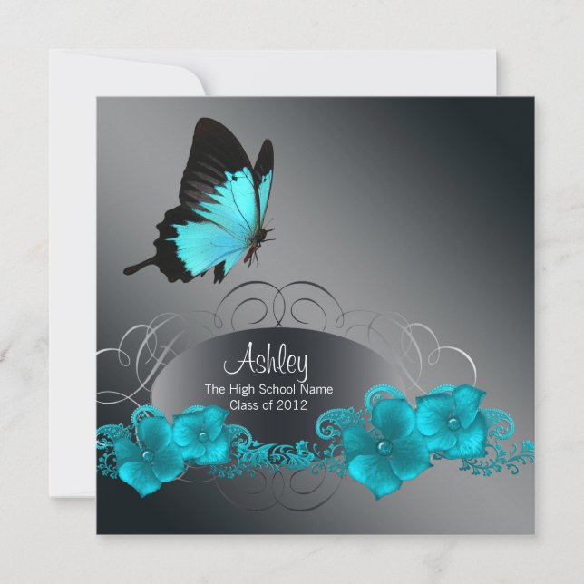 Teal Blue Butterfly Examenstillkännagivanden Inbjudningar (Framsida)