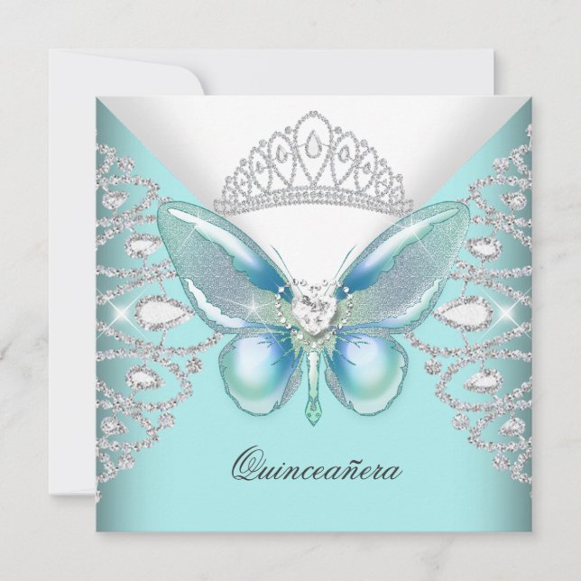 Teal Blue Butterfly Tiara Quinceanera 15:e Party Inbjudningar (Framsida)