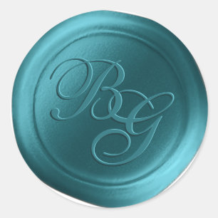 Teal Blue Calligraphy Monogram Vax Seal Stickers Runt Klistermärke