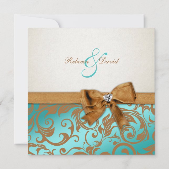 Teal Blue & Caramel Damask med diamantbåge Inbjudningar (Framsida)