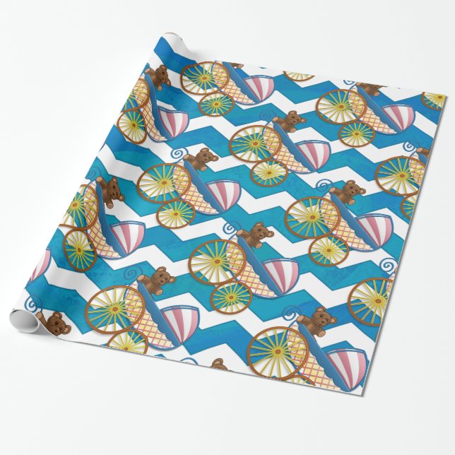Teal Blue Chevron Baby Carriage Mönster Presentpapper (Utrullad)