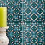 Teal Blue Coral Intricate Symmetrical Geometry Kakelplatta<br><div class="desc">Den keramiska plattan är ett biet i konstverket som är uppfångande och skryter med ett berikat geometriskt mönster som omedelbart ritar öga. Konstruktionen är symmetrisk och har en harmonisk blandning av teal-, mörk blått- och korallnyanser, som skapar en elegant-kaleidoskop-effekt. Mönster består av noggrant utformade petalliknande former och fyrkanter som konvergerar...</div>