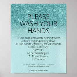 Teal Blue Covid Health Safety Glitter Hair Salon Poster