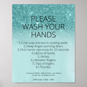 Teal Blue Covid Health Safety Glitter Hair Salon Poster