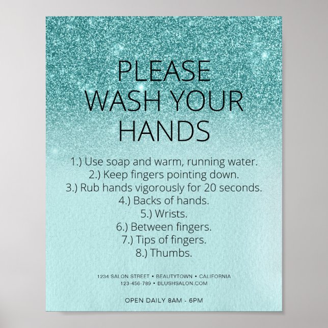 Teal Blue Covid Health Safety Glitter Hair Salon Poster (Framsidan)