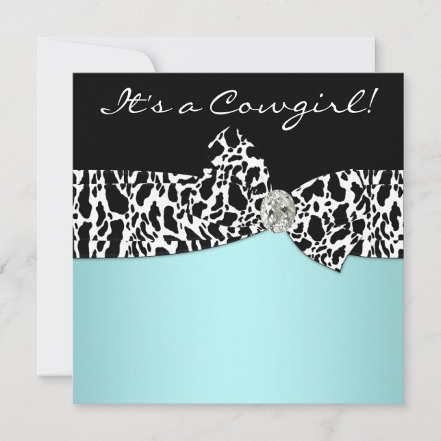 Teal Blue Cow Print Cowgirl Baby Shower Inbjudningar (Framsida)