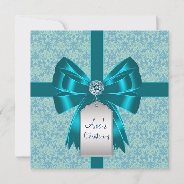 Teal Blue Damask Baby Baptism Christening Inbjudningar (Framsida)