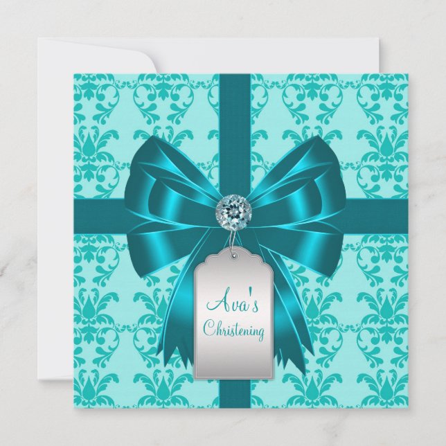 Teal Blue Damask Baby Baptism Christening Inbjudningar (Framsida)