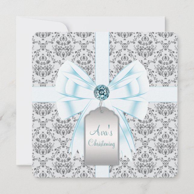 Teal Blue Damask Baby Baptism Christening Inbjudningar (Framsida)