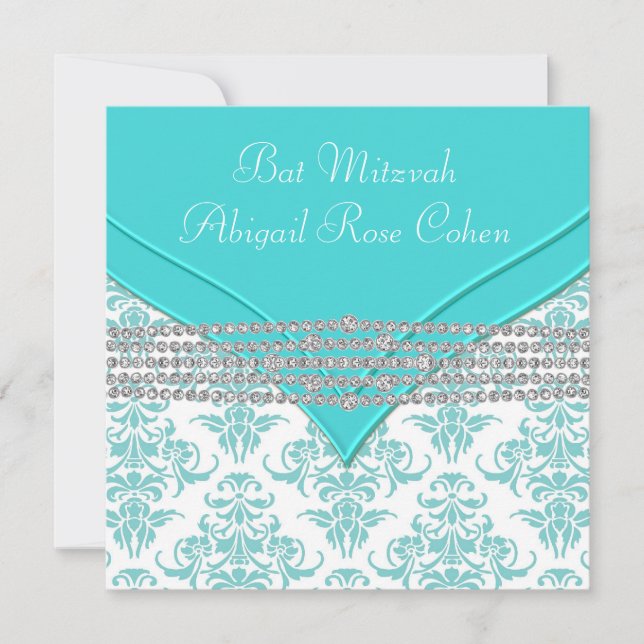 Teal Blue Damask Bat mitzvah Inbjudningar (Framsida)