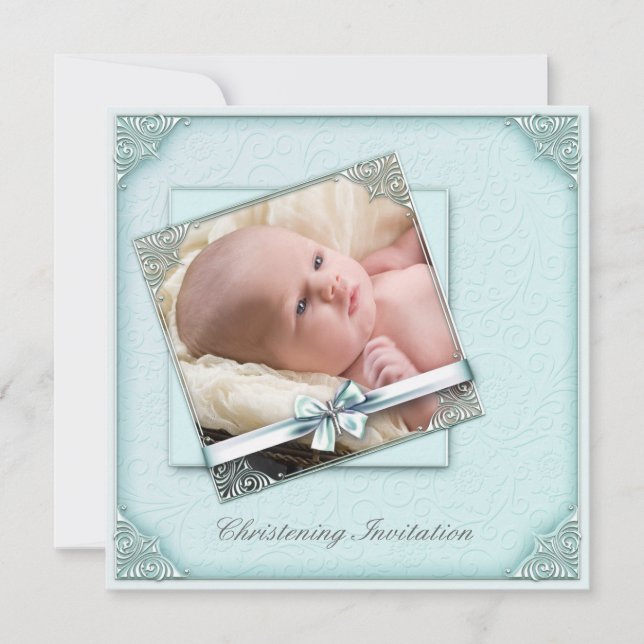 Teal Blue Damask Girl Photo Christening Inbjudningar (Framsida)