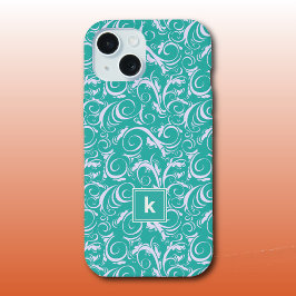 Teal Blue Damask Pattern Monogram