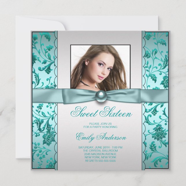 Teal Blue Damask Photo Sweet sixteen Birthday Inbjudningar (Framsida)