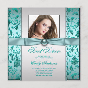 Teal Blue Damask Photo Sweet sixteen födelsedag Inbjudningar