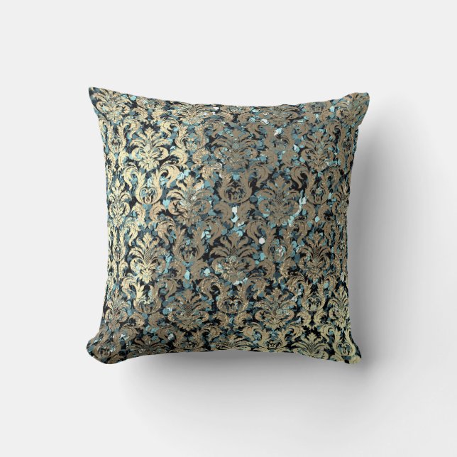 Teal Blue Damask Rosa ros  Sequin Faux Guld Kudde (Framsida)