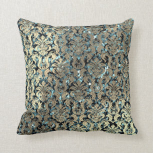 Teal Blue Damask Rosa ros  Sequin Faux Guld Kudde