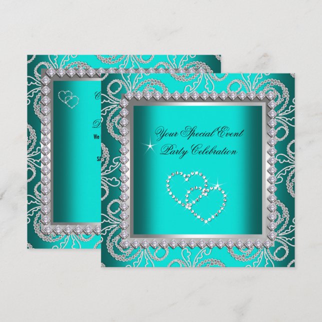 Teal Blue Damask Silver Diamonds Heart Party Inbjudningar (Fram/baksida)
