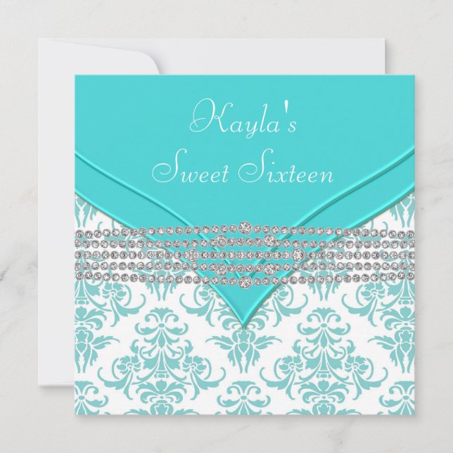 Teal Blue Damask Sweet 16 Party Inbjudningar (Framsida)