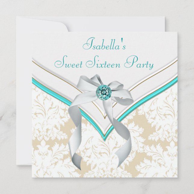 Teal Blue Damask Sweet 16 Party Inbjudningar (Framsida)