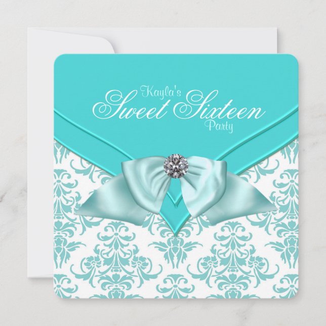 Teal Blue Damask Sweet 16 Party Inbjudningar (Framsida)
