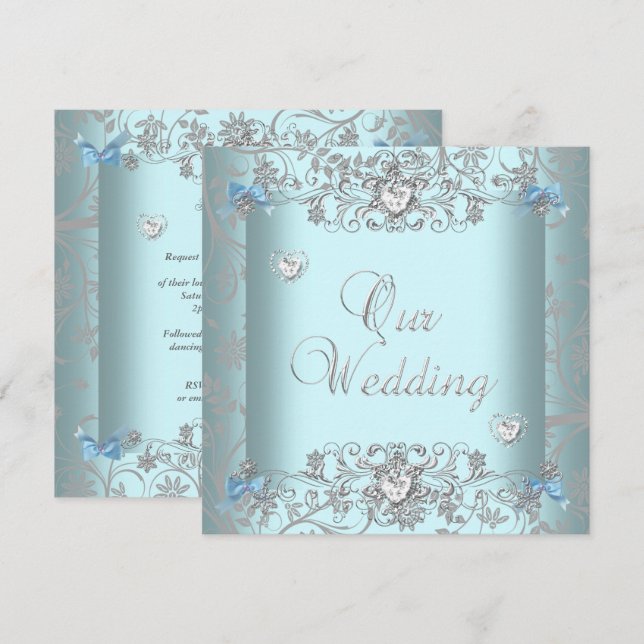 Teal Blue Damask Wedding Silver Diamond Hearts Inbjudningar (Fram/baksida)